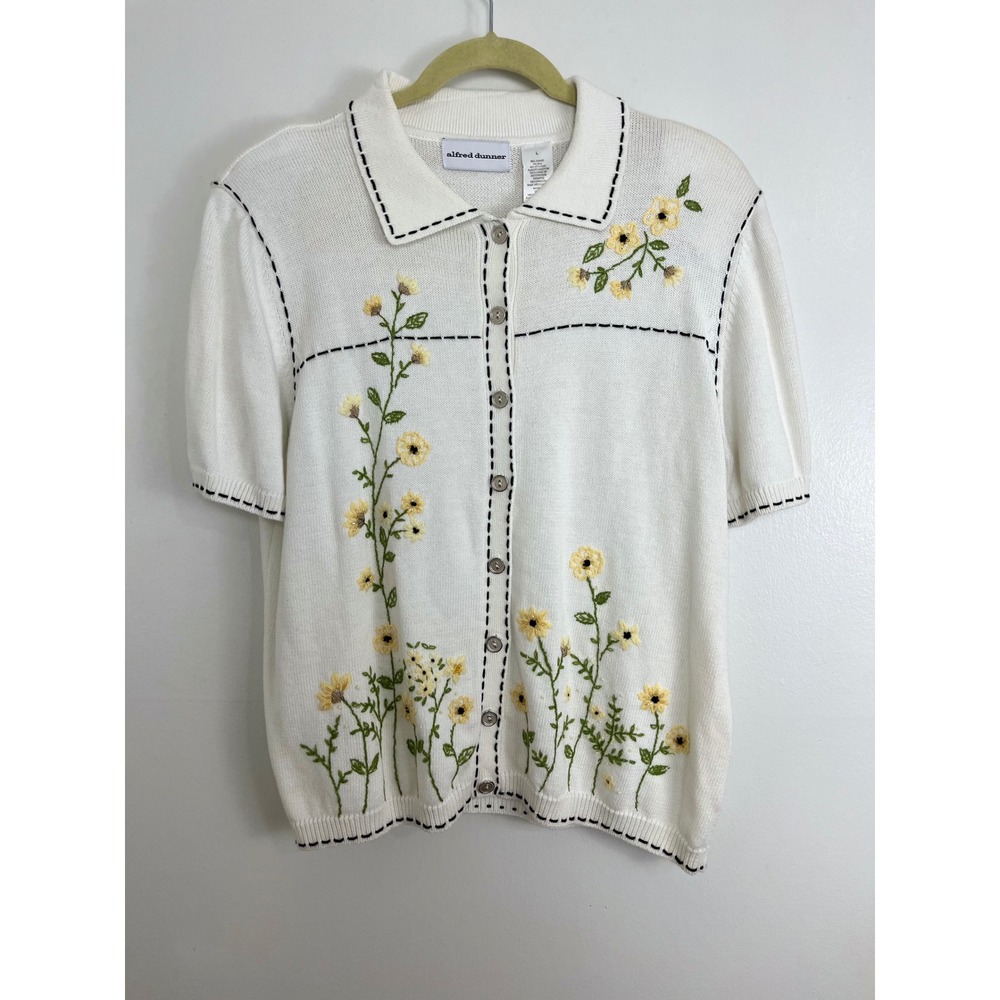 Alfred Dunner Floral Cottagecore Sweater Womens Large White Floral Embroidered